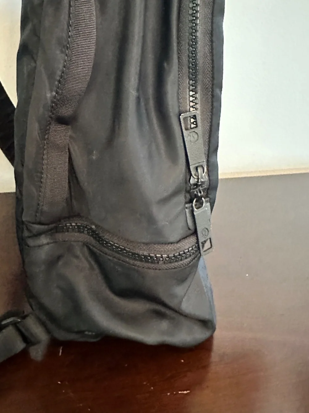 Lululemon Backpack Black On Black Shoulder Straps Zip Close Mesh Compartments